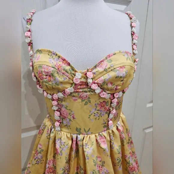Dolls Kill Sugar Thrillz Yellow Floral Princess Party Mini Dress S - Picture 3 of 14